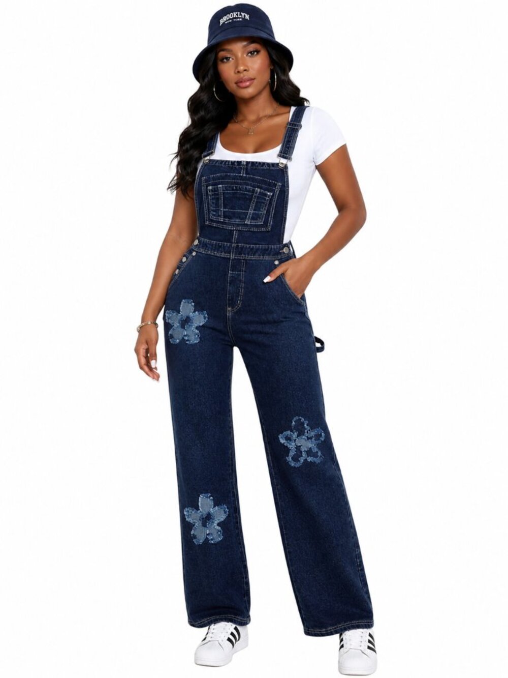 Hybrid & Co Sz XL Dark Wash Floral Patch Wide Leg Denim Overalls Boho Y2K